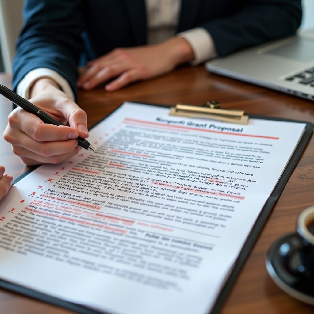 Professional grant writer reviewing a nonprofit grant proposal document with red correction marks highlighting common errors including weak needs statements and missing budget justifications, desk with laptop and coffee cup