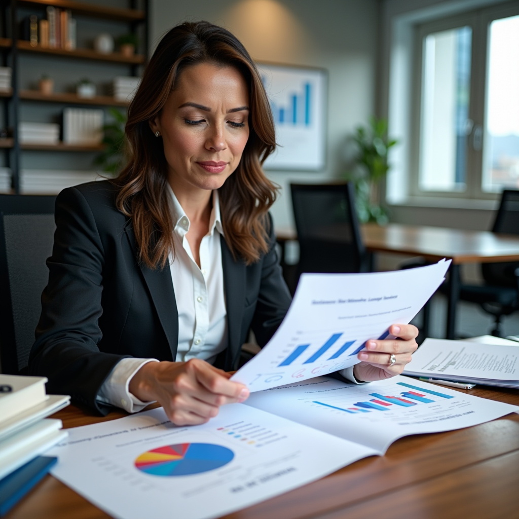 Nonprofit executive director reviewing financial documents and grant proposals at a modern office desk, with charts showing funding allocation between restricted program grants and unrestricted operational support, symbolizing strategic financial planning for organizational sustainability