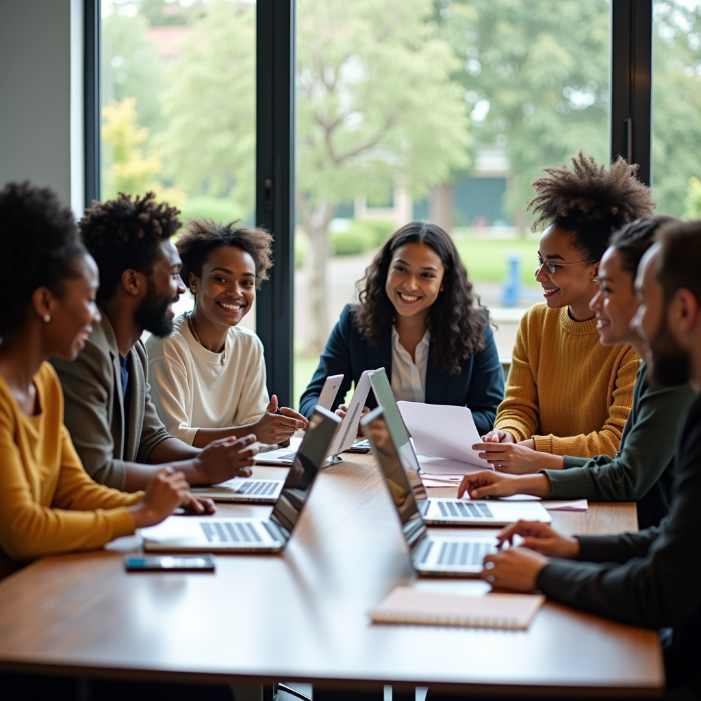 Diverse group of young nonprofit leaders gathered around a conference table reviewing grant documents and celebrating success, with laptops and papers spread across the table, natural lighting from large windows, professional yet energetic atmosphere