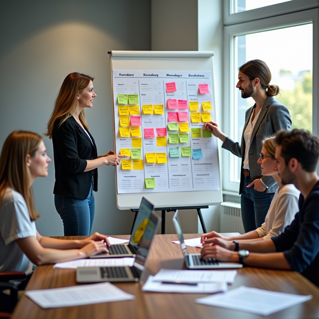 Professional nonprofit team collaborating around a large wall calendar with colorful sticky notes marking grant deadlines, application periods, and reporting dates, with laptops and grant documents spread across a modern conference table